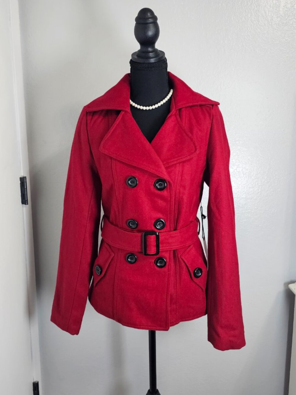 Forever 21 Women's Vibrant Red Double-Breasted Pea Coat Size Medium Fits Small - Picture 2 of 6
